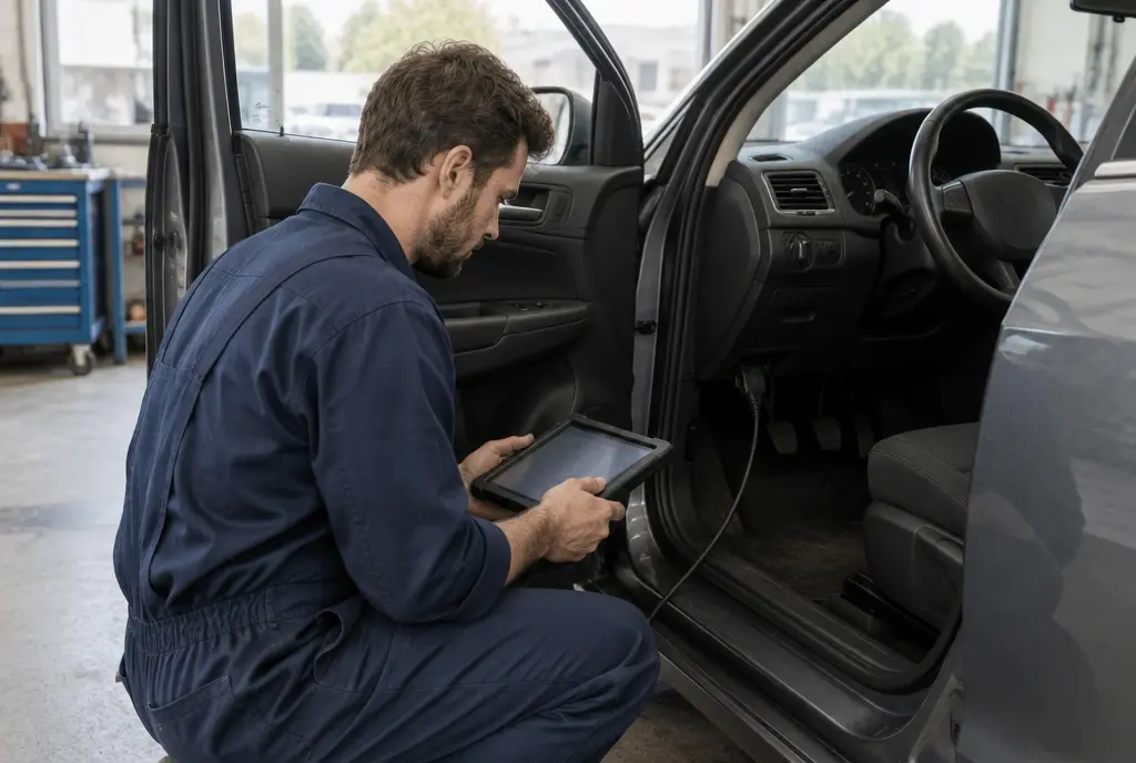 Monteur leest de auto uit met een tablet